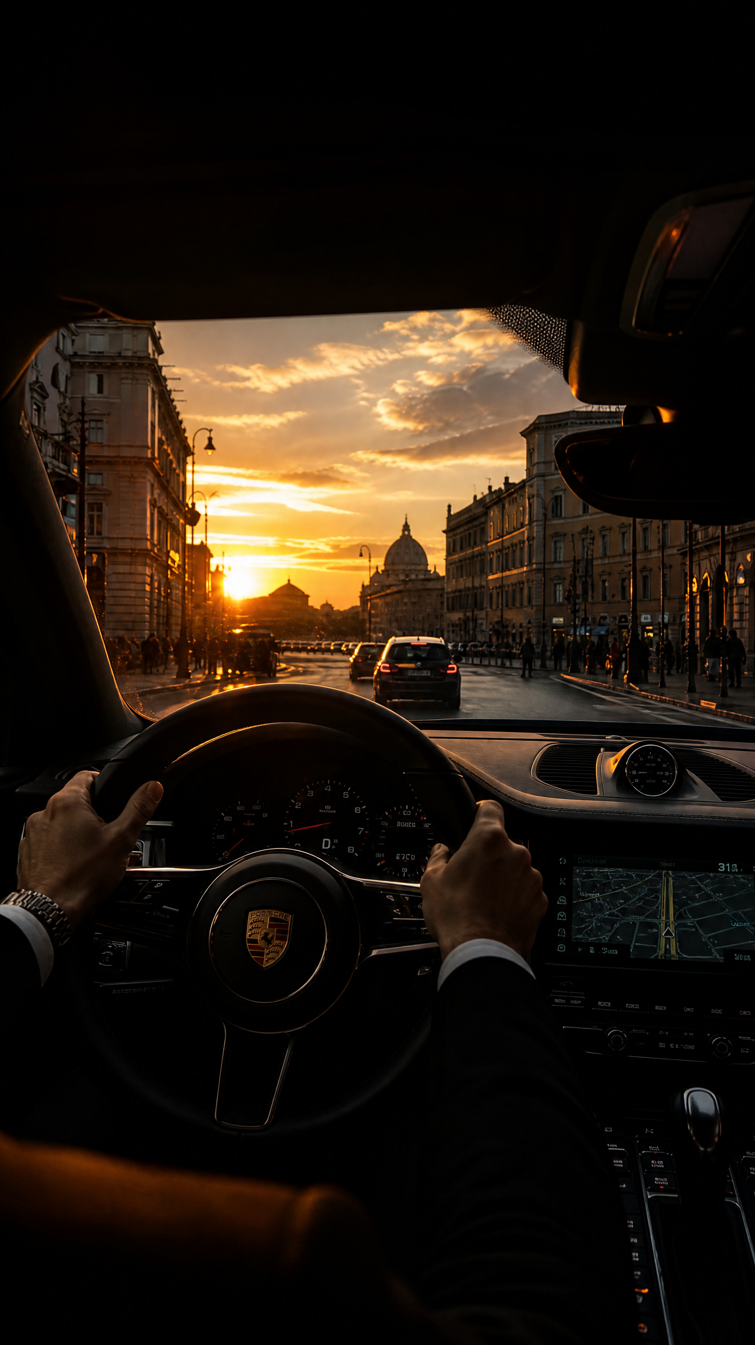 Sunrise drive through a European city