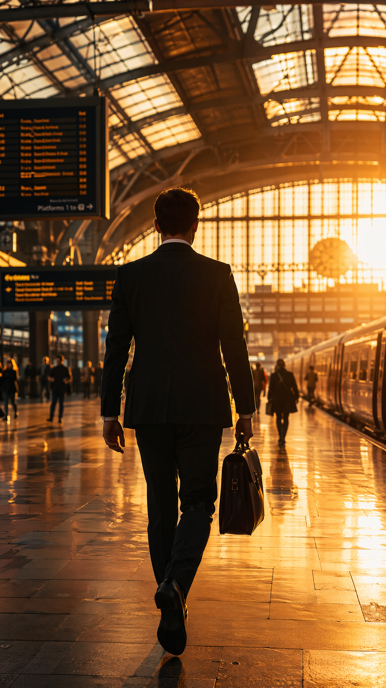 Walking through a train station at golden hour